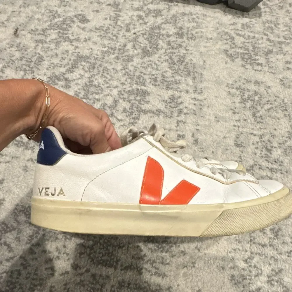 VEJA Leather Low Top Lace Up Sneakers White Orange V Logo Blue Heel Tab Men